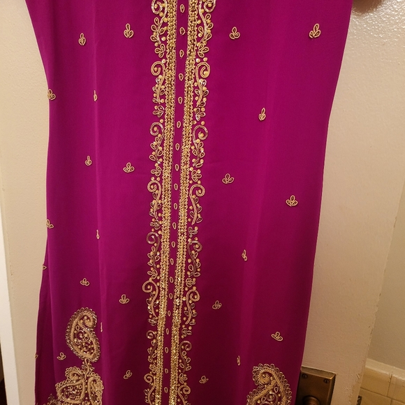 Indian gold embroidered tunic set with tunic, pants and scarf hot pink one size - Picture 7 of 16